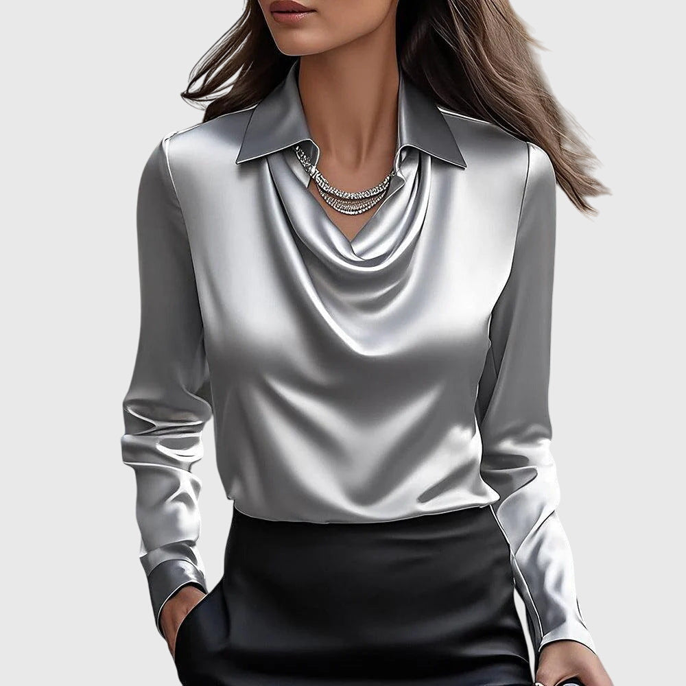 Leonora | Dame Elegant Skinnende Bluse med Plisseret Hals | Til Hverdag & Fest