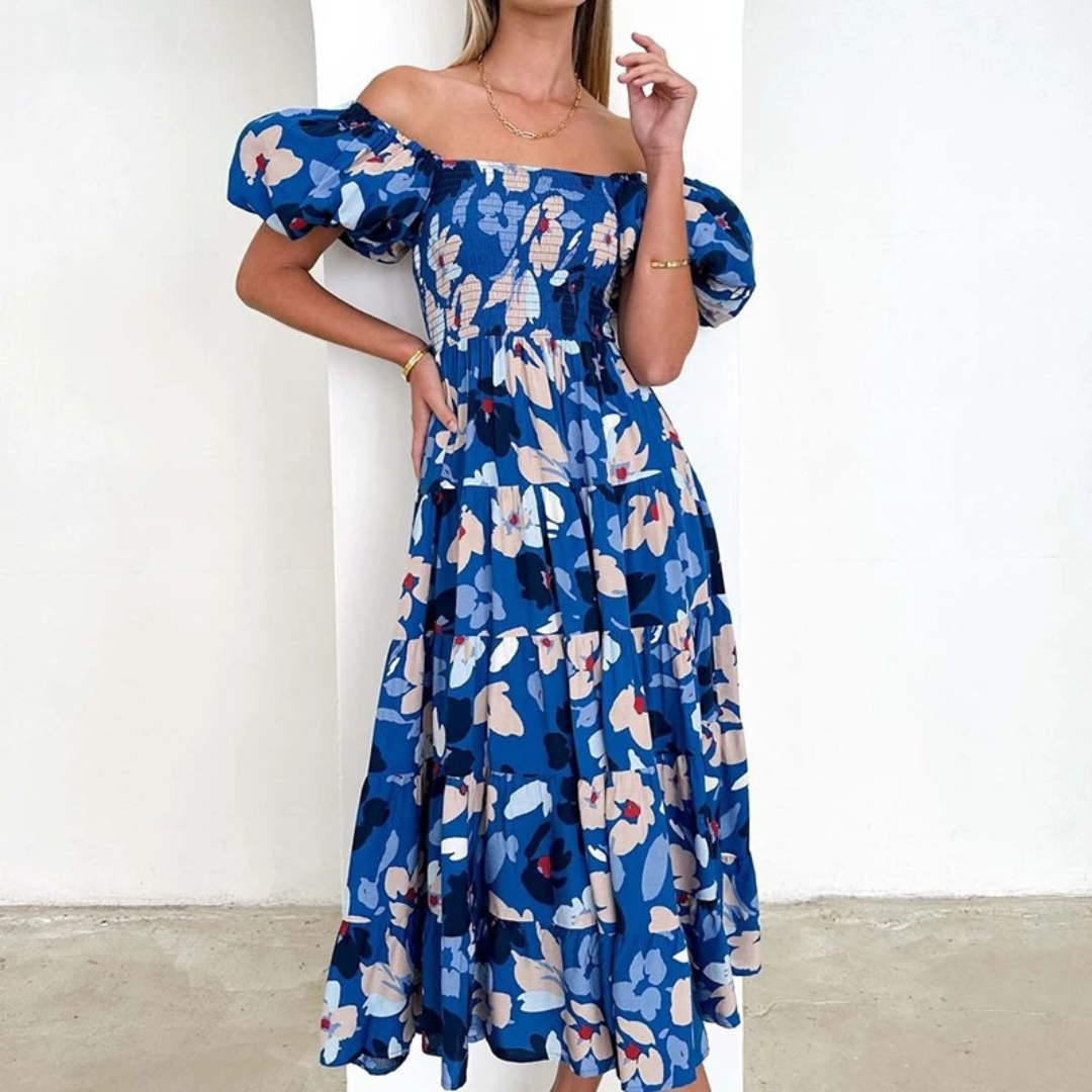 Amalie | Kvindelig En-shoulder Floral Print Kjole | Komfort og Elegance