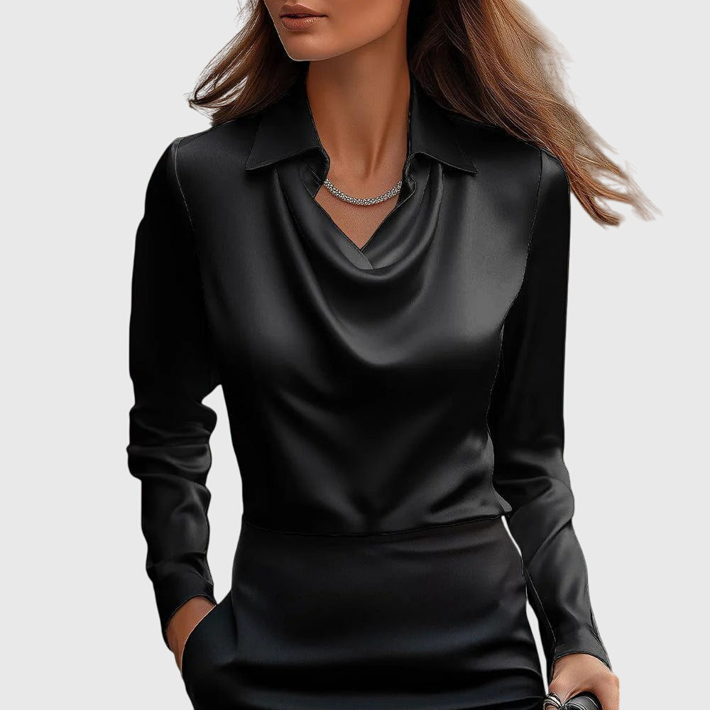 Leonora | Dame Elegant Skinnende Bluse med Plisseret Hals | Til Hverdag & Fest
