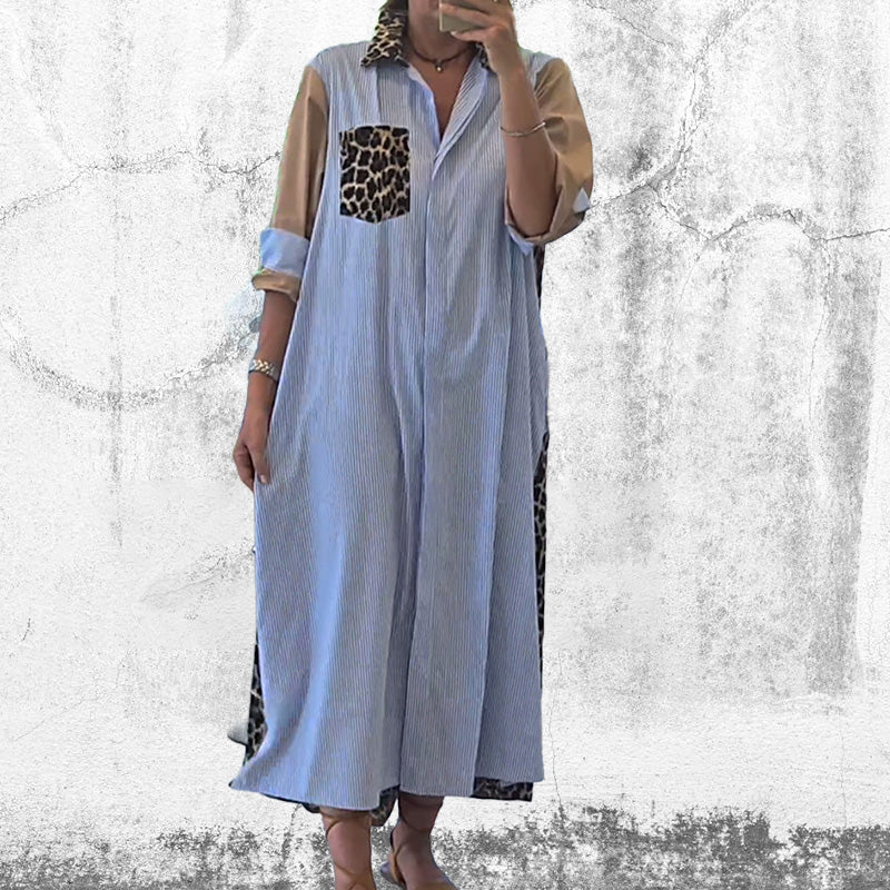 Kalina | Dame Løs Patchwork Skjortekjole med Striber | For Hverdag & Stil