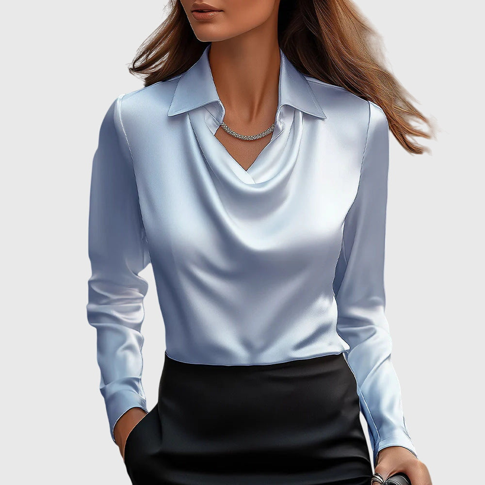 Leonora | Dame Elegant Skinnende Bluse med Plisseret Hals | Til Hverdag & Fest