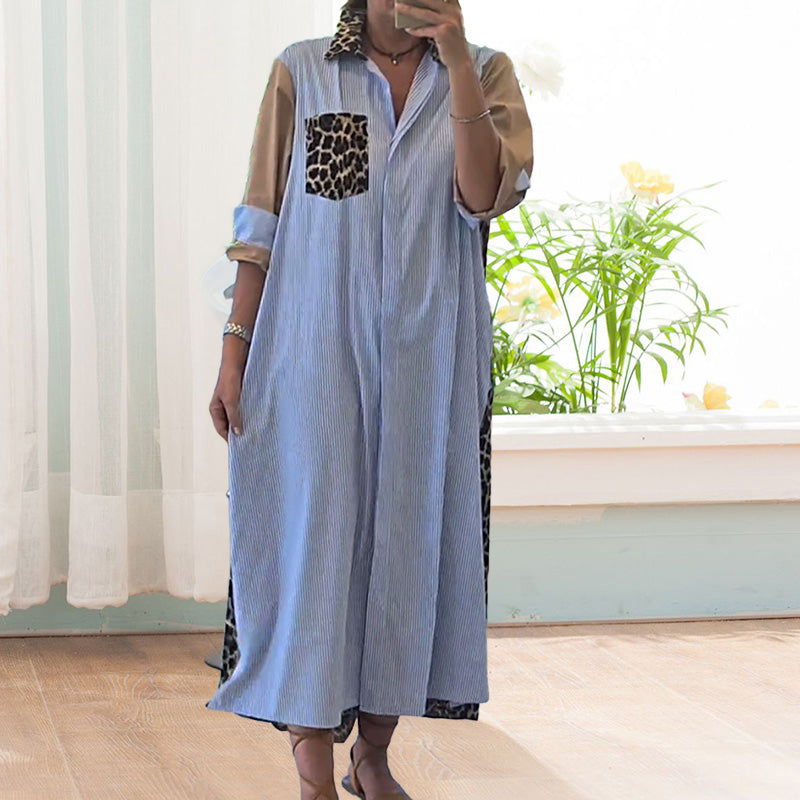 Kalina | Dame Løs Patchwork Skjortekjole med Striber | For Hverdag & Stil