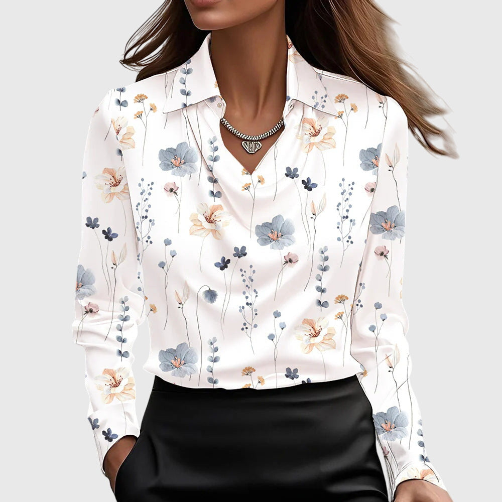 Leonora | Dame Elegant Skinnende Bluse med Plisseret Hals | Til Hverdag & Fest