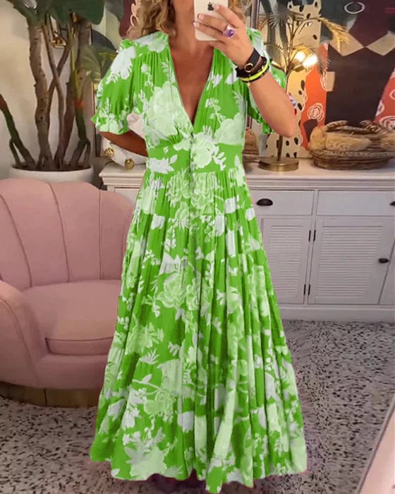 Sofia | Dame V-hals Blomsterprint Kjole | Stilfuld og Komfortabel