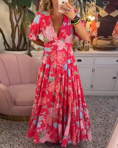 Sofia | Dame V-hals Blomsterprint Kjole | Stilfuld og Komfortabel