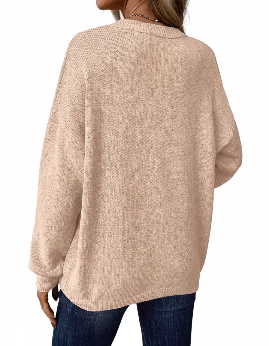 Alma dame striktrøje med rund hals – afslappet pasform og lange ærmer