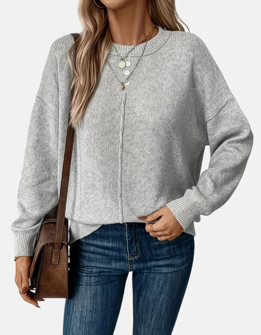 Alma dame striktrøje med rund hals – afslappet pasform og lange ærmer