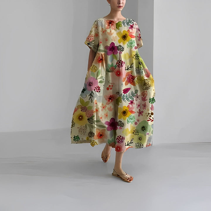 Modegrøn | Dame Efterårs Casual Løs Kjole | Blomsterprint