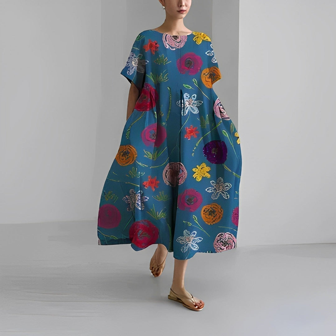 Modegrøn | Dame Efterårs Casual Løs Kjole | Blomsterprint