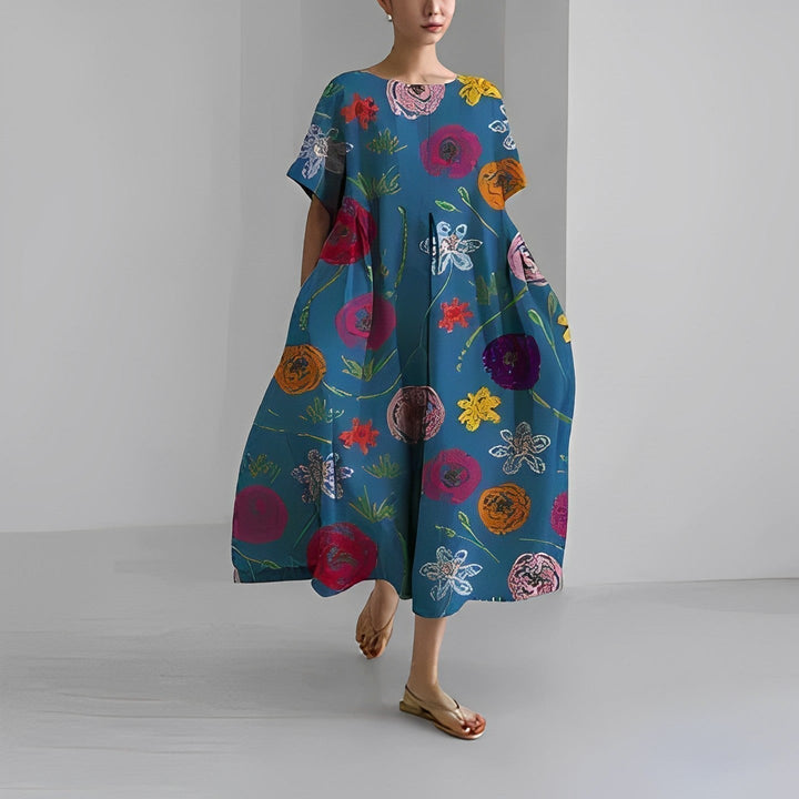 Modegrøn | Dame Efterårs Casual Løs Kjole | Blomsterprint