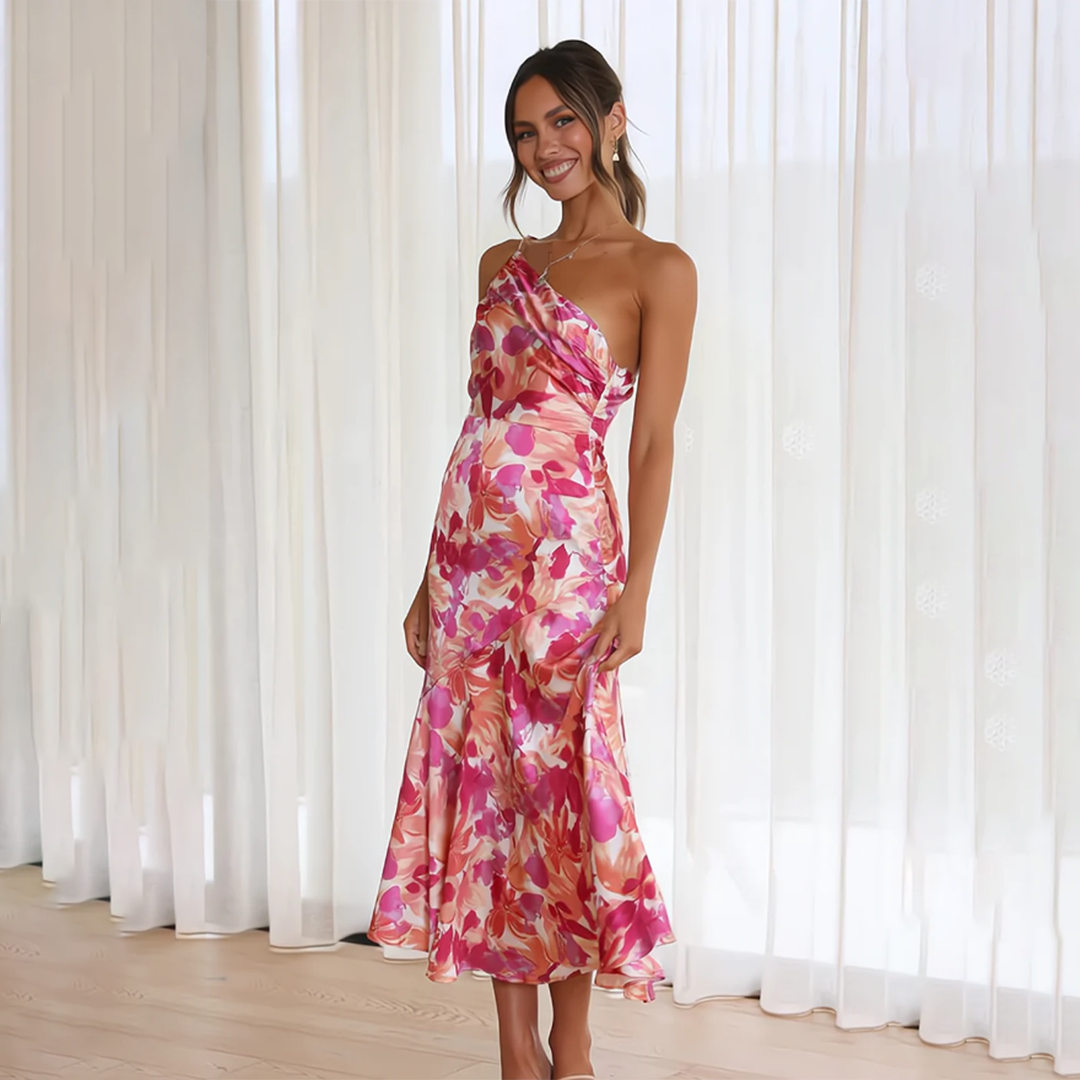 Line 1: Emma | Dame Sommerlige Blomsterprint Kjole | Asymmetrisk Udskæring