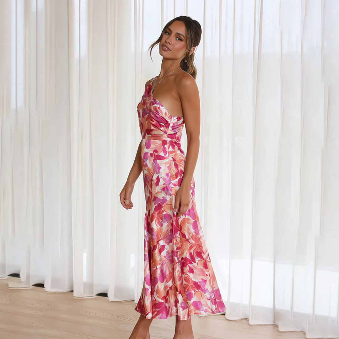 Line 1: Emma | Dame Sommerlige Blomsterprint Kjole | Asymmetrisk Udskæring