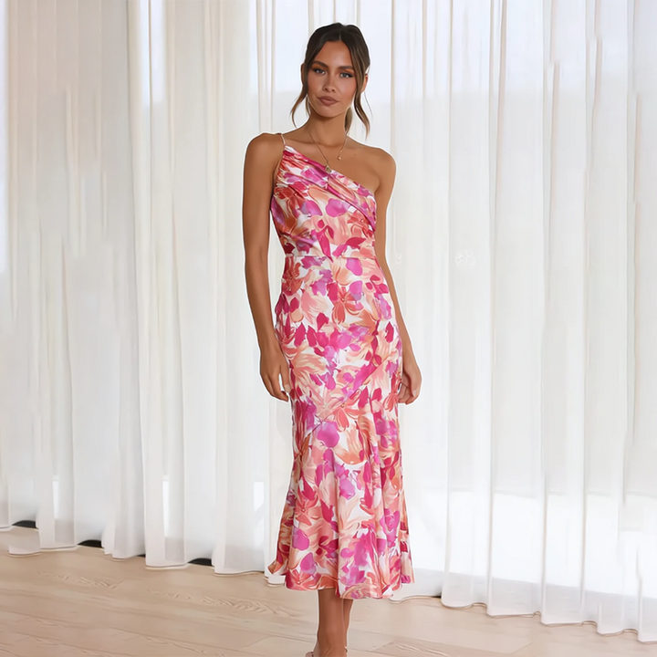 Line 1: Emma | Dame Sommerlige Blomsterprint Kjole | Asymmetrisk Udskæring