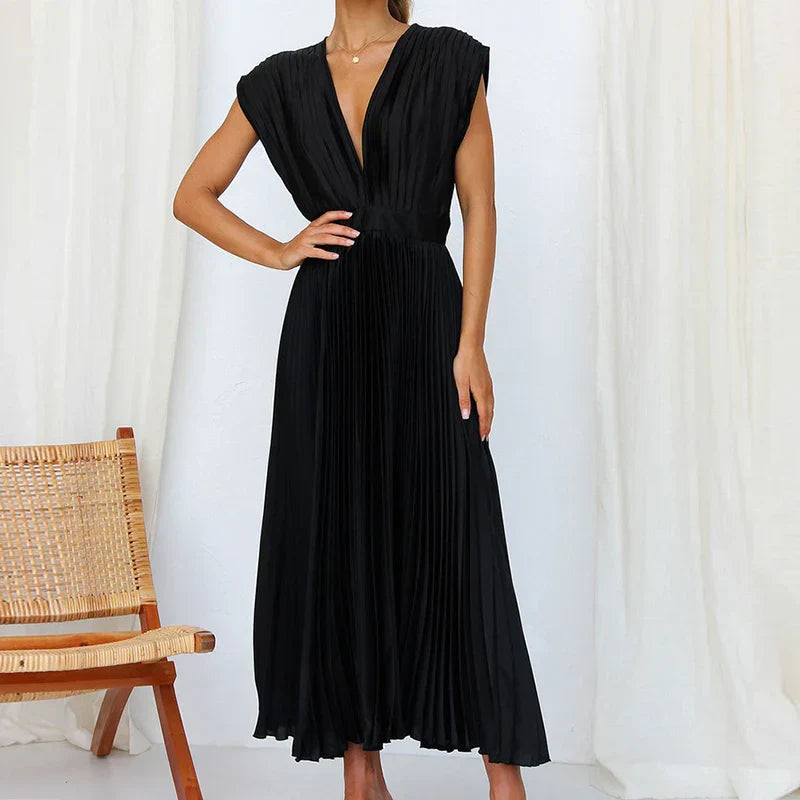 Ingrid | Dame Ærme-løs Foldet Design Kjole | Velour