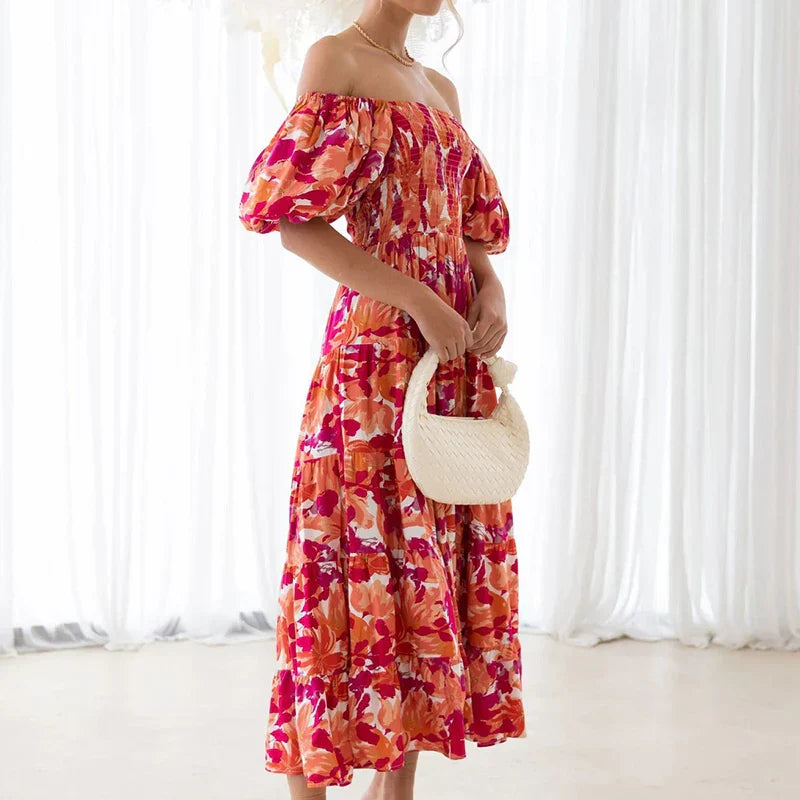 Amalie | Kvindelig En-shoulder Floral Print Kjole | Komfort og Elegance