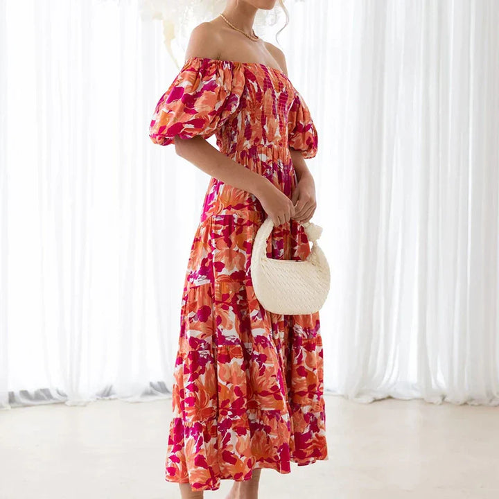 Amalie | Kvindelig En-shoulder Floral Print Kjole | Komfort og Elegance