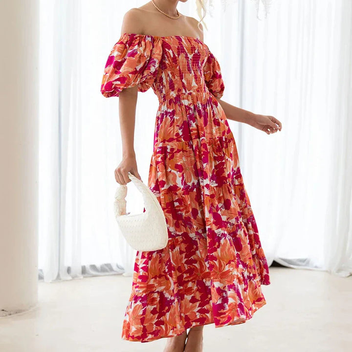 Amalie | Kvindelig En-shoulder Floral Print Kjole | Komfort og Elegance