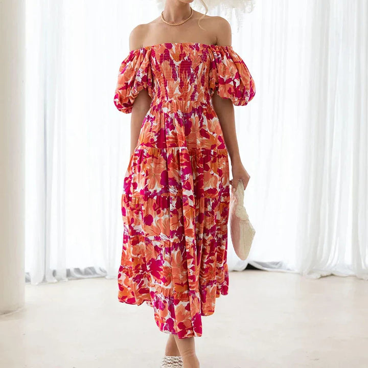 Amalie | Kvindelig En-shoulder Floral Print Kjole | Komfort og Elegance