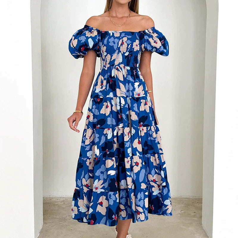 Amalie | Kvindelig En-shoulder Floral Print Kjole | Komfort og Elegance