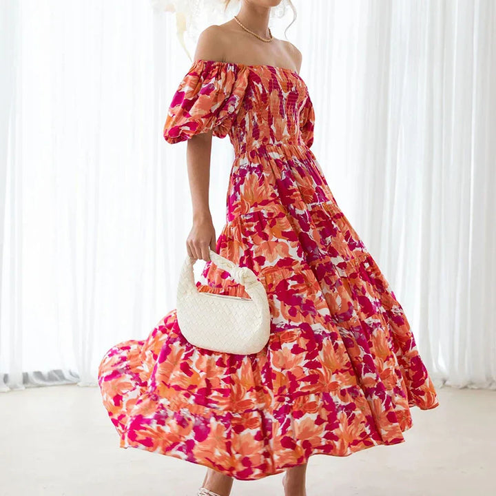 Amalie | Kvindelig En-shoulder Floral Print Kjole | Komfort og Elegance
