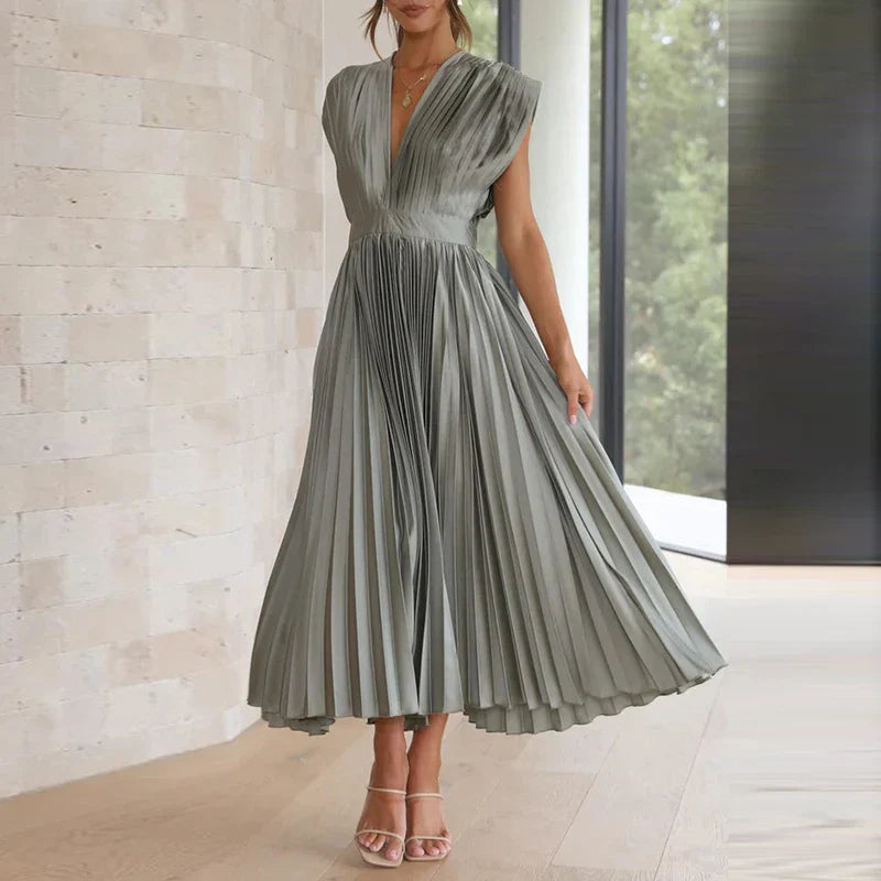 Ingrid | Dame Ærme-løs Foldet Design Kjole | Velour