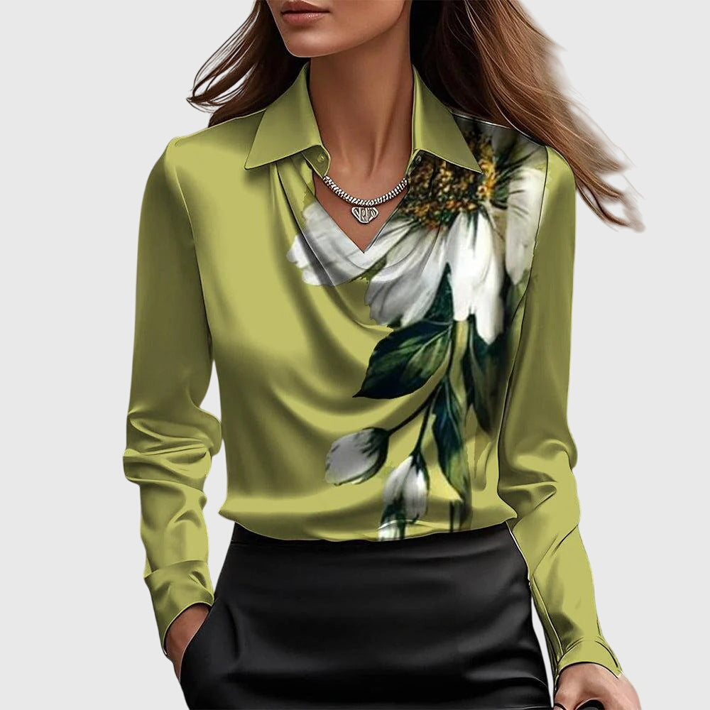 Leonora | Dame Elegant Skinnende Bluse med Plisseret Hals | Til Hverdag & Fest